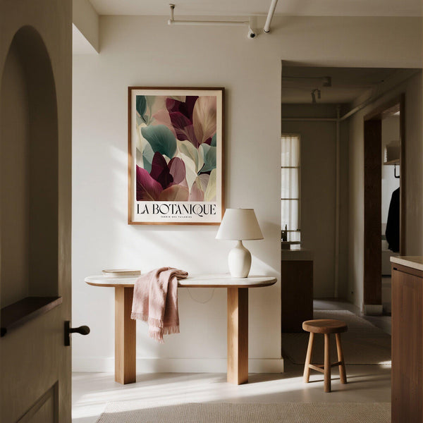 Modern burgundy wall art featuring beige and blush foliage