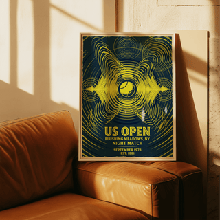 Modern tennis print poster with layered orbit lines around a central ball and bold US OPEN text block