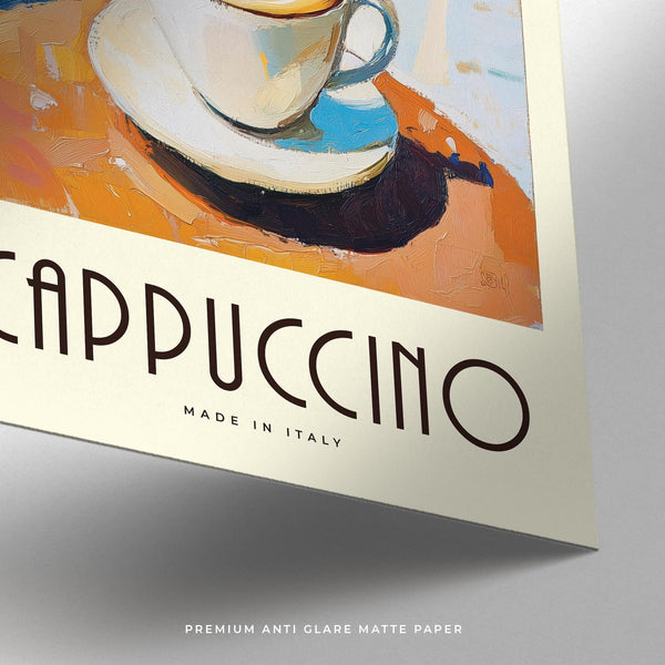 Sunlit street scene and coffee cup on textured art print