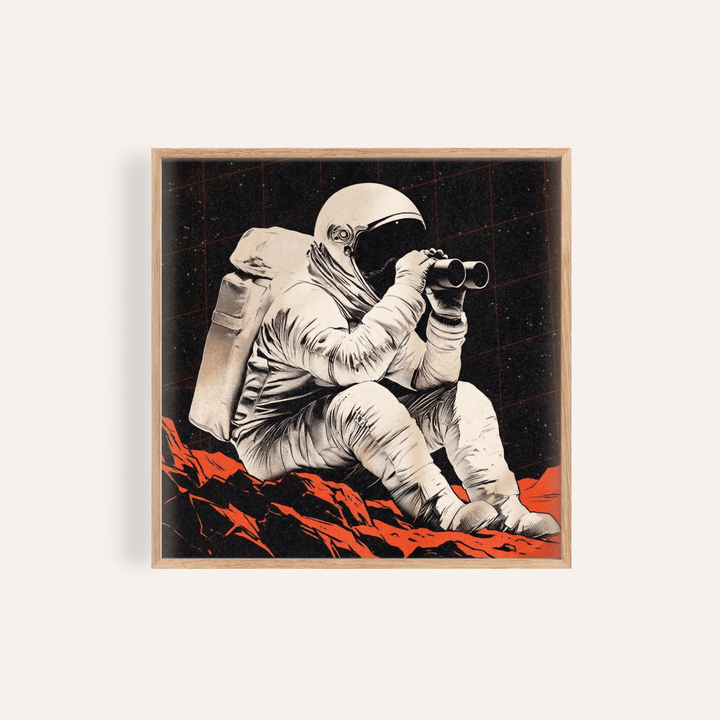 Space Exploration Poster with orange, black, and beige for a study, wall art