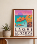 Angle shot of Lagos Algarve Wall Art highlighting orange and blue palette