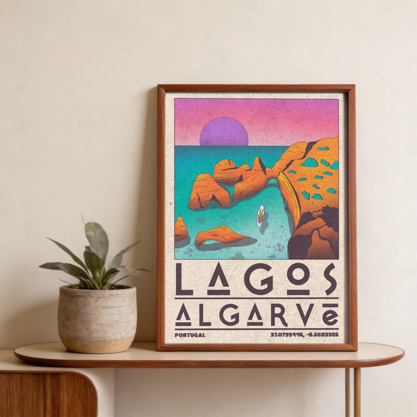 Angle shot of Lagos Algarve Wall Art highlighting orange and blue palette
