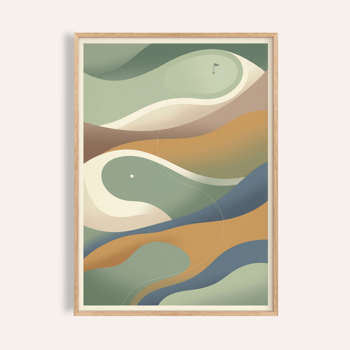 Framed Golf Abstract Art Print with green beige and blue curves in a natural wood frame
