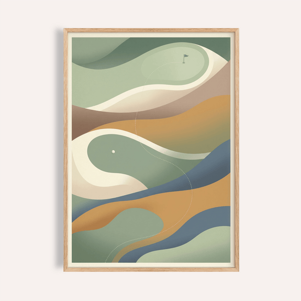 Layered fairway shapes wall art poster with flag and dotted ball path