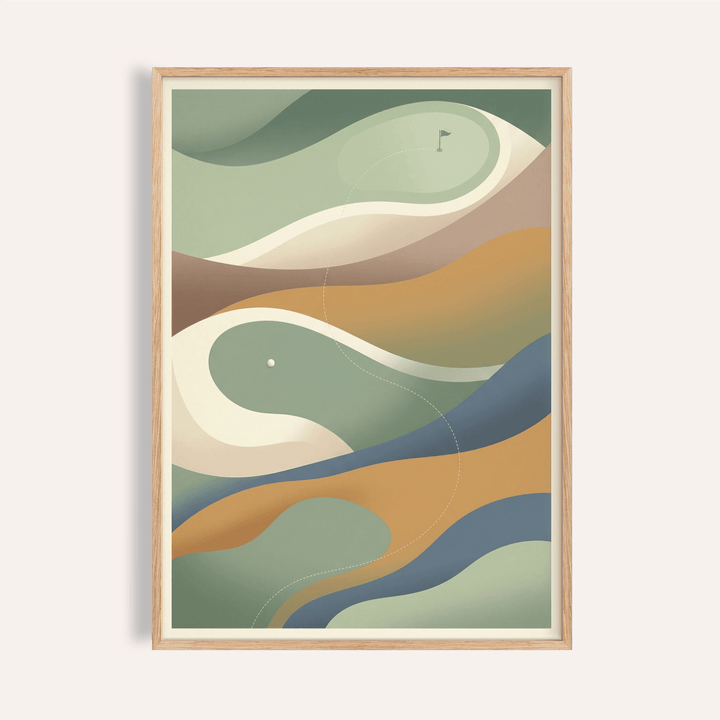 Layered fairway shapes wall art poster with flag and dotted ball path
