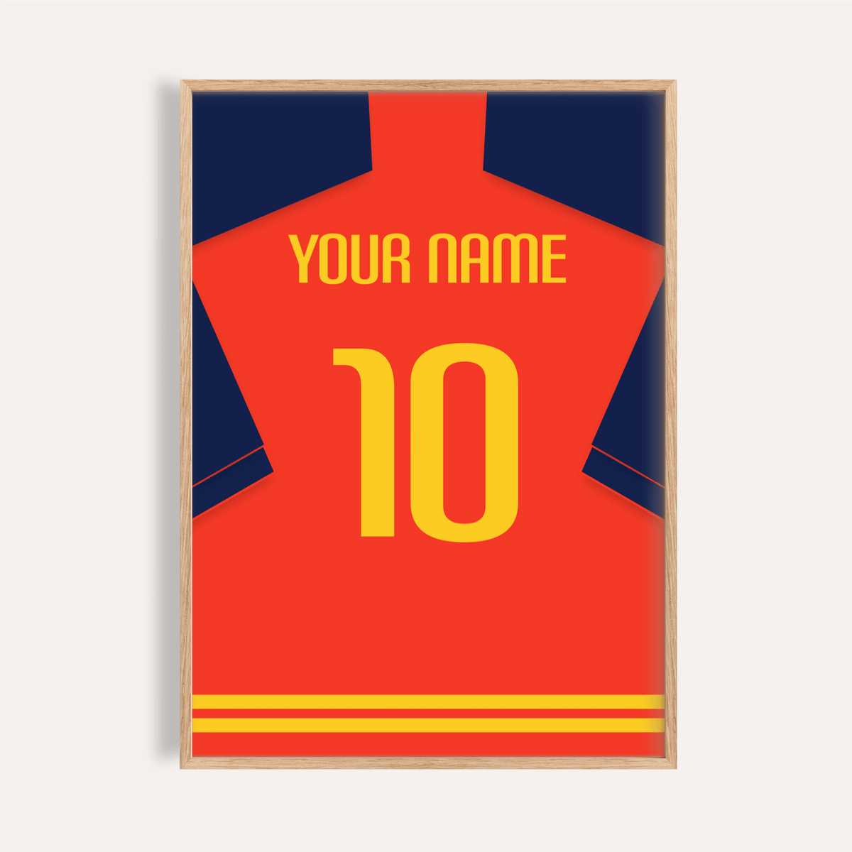 Overview of Spain Football Shirt Poster showing back-of-jersey layout with YOUR NAME text and large number 10