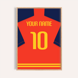 Custom Football Shirt – Red with Navy Sleeves and Yellow Number — wooden-frame main image