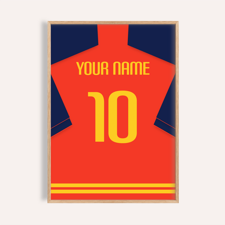 Overview of Spain Football Shirt Poster showing back-of-jersey layout with YOUR NAME text and large number 10