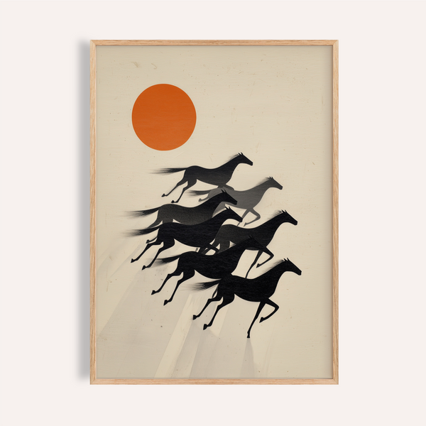 7 Horses Wall Art print showing layered galloping silhouettes and sun