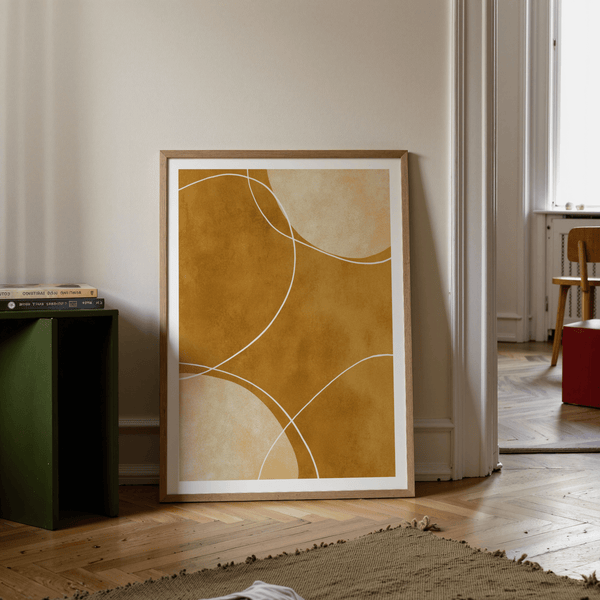Textured geometric wall art print with large rounded shapes and thin line accents