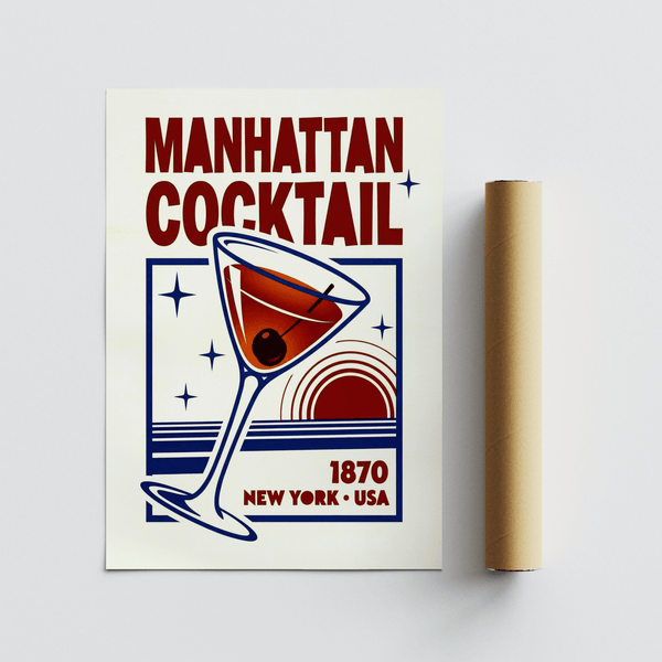 Retro Manhattan Cocktail Art Print in red and blue for bar wall art