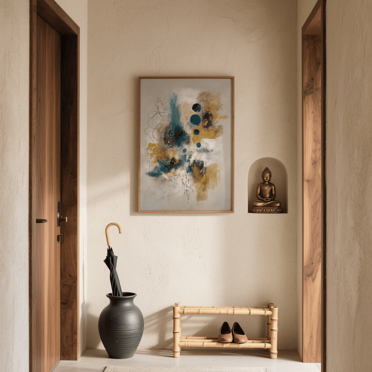 Abstract Teal and Black Art Print in blue, gold, and beige for living room