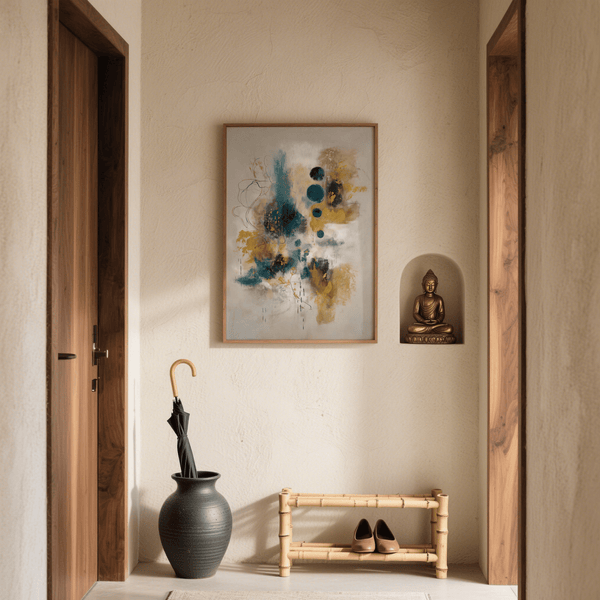 Abstract Teal and Black Art Print in blue, gold, and beige for living room