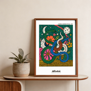 Cosmic Garden Print wall poster detail featuring snake scales and mosaic-style dot textures