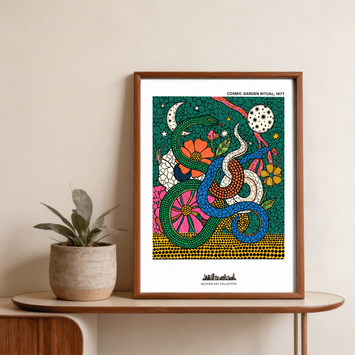 Cosmic Garden Print wall poster detail featuring snake scales and mosaic-style dot textures