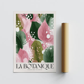 Green and pink botanical shapes in floral abstract print on archival paper.