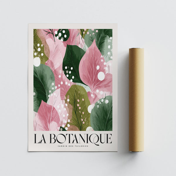 Green and pink botanical shapes in floral abstract print on archival paper.