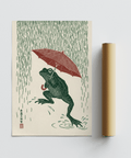 Frog in Rain Art Print, whimsical wall art in green and red, office wall enhancement