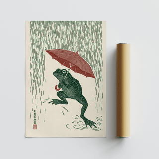 Frog in Rain Art Print, whimsical wall art in green and red, office wall enhancement