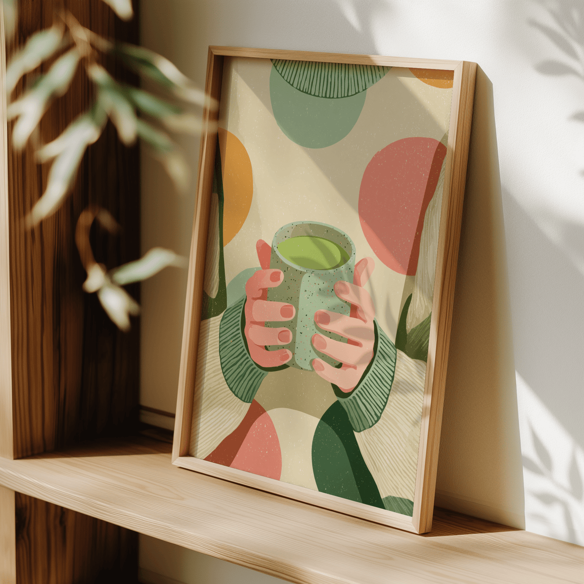 Cozy Matcha Art poster, perfect green and beige wall art for office
