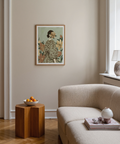 Woman with Flowers art print, green and beige tones for living room