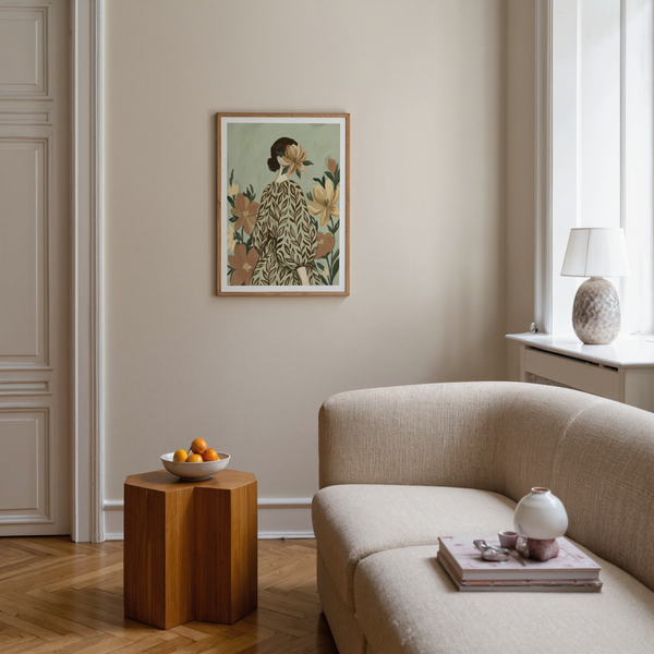 Woman with Flowers art print, green and beige tones for living room