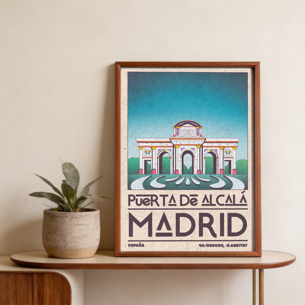 Presenting Madrid landmark poster print of Puerta de Alcalá with three arch openings and centered composition