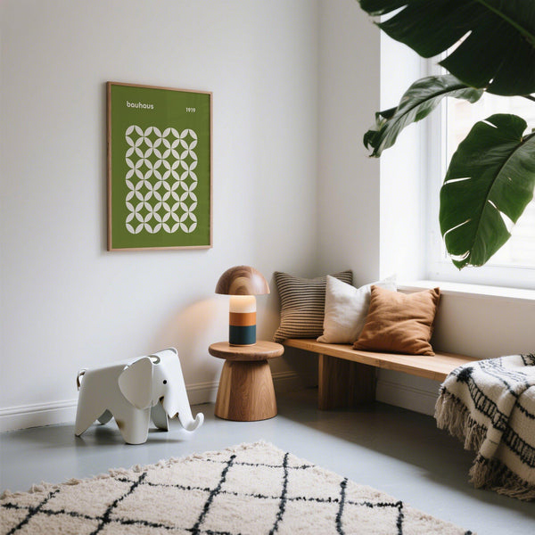 Retro olive and cream mid century geometric Bauhaus wall art with clean shapes.