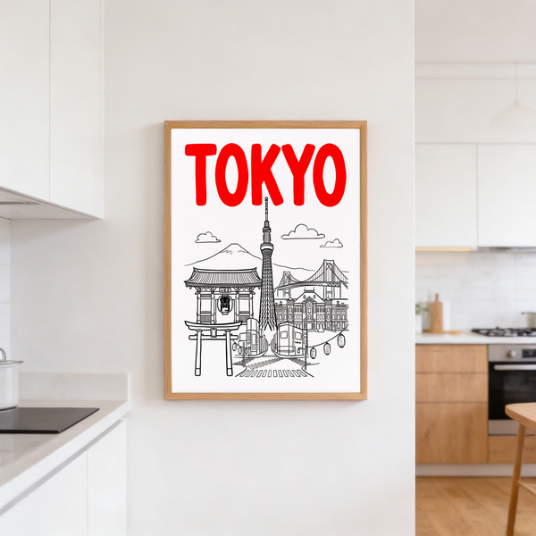 Graphic city collage poster depicting lanterns over street perspective