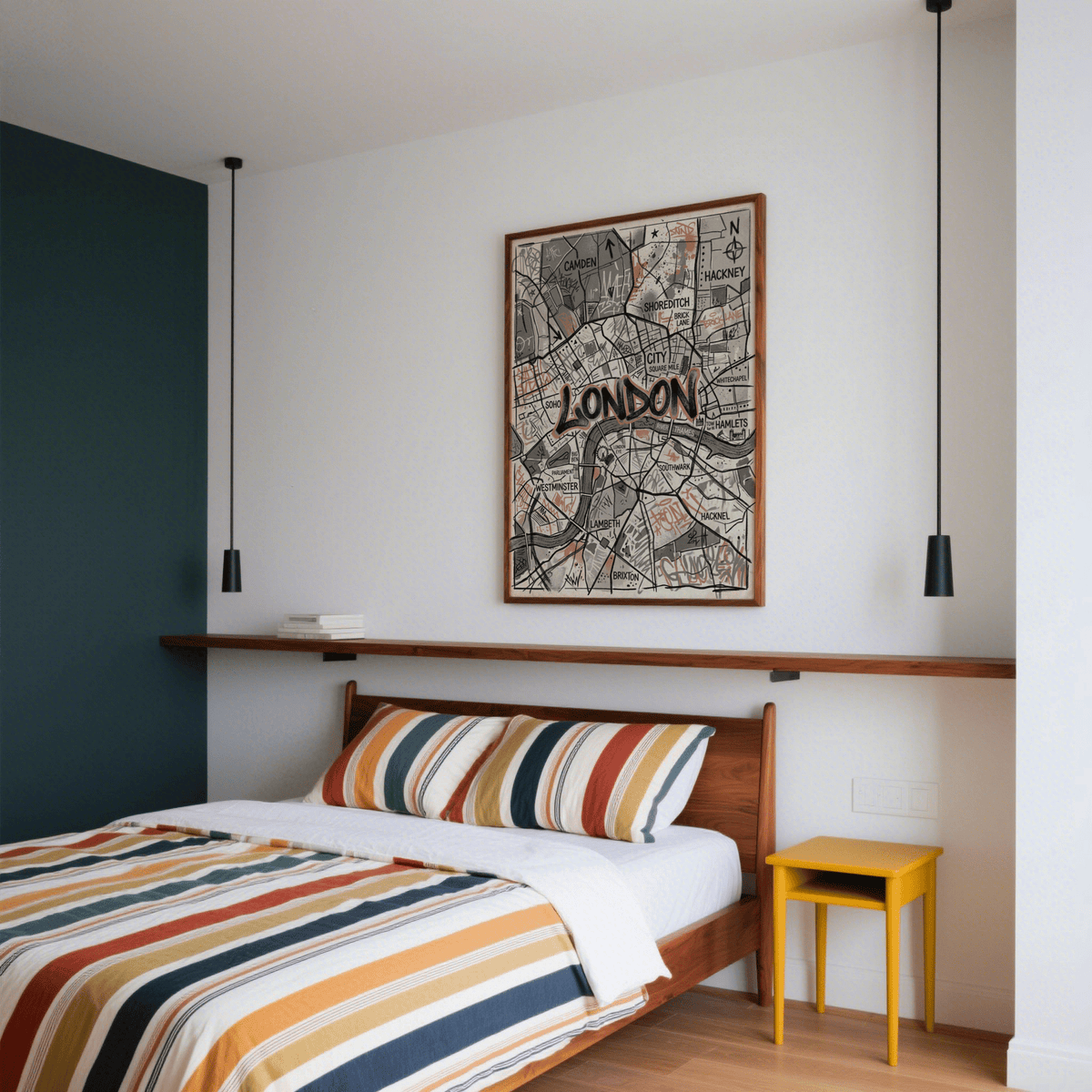 Hand-drawn city map wall art showing River Thames and neighborhood names in a sketchy layout