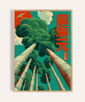 Japanese Tree Art Print with Green, Blue, and Red for living room poster