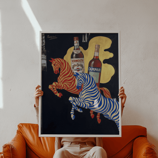Vintage Beverage Art wall art with bold red, blue, and beige design for dining room