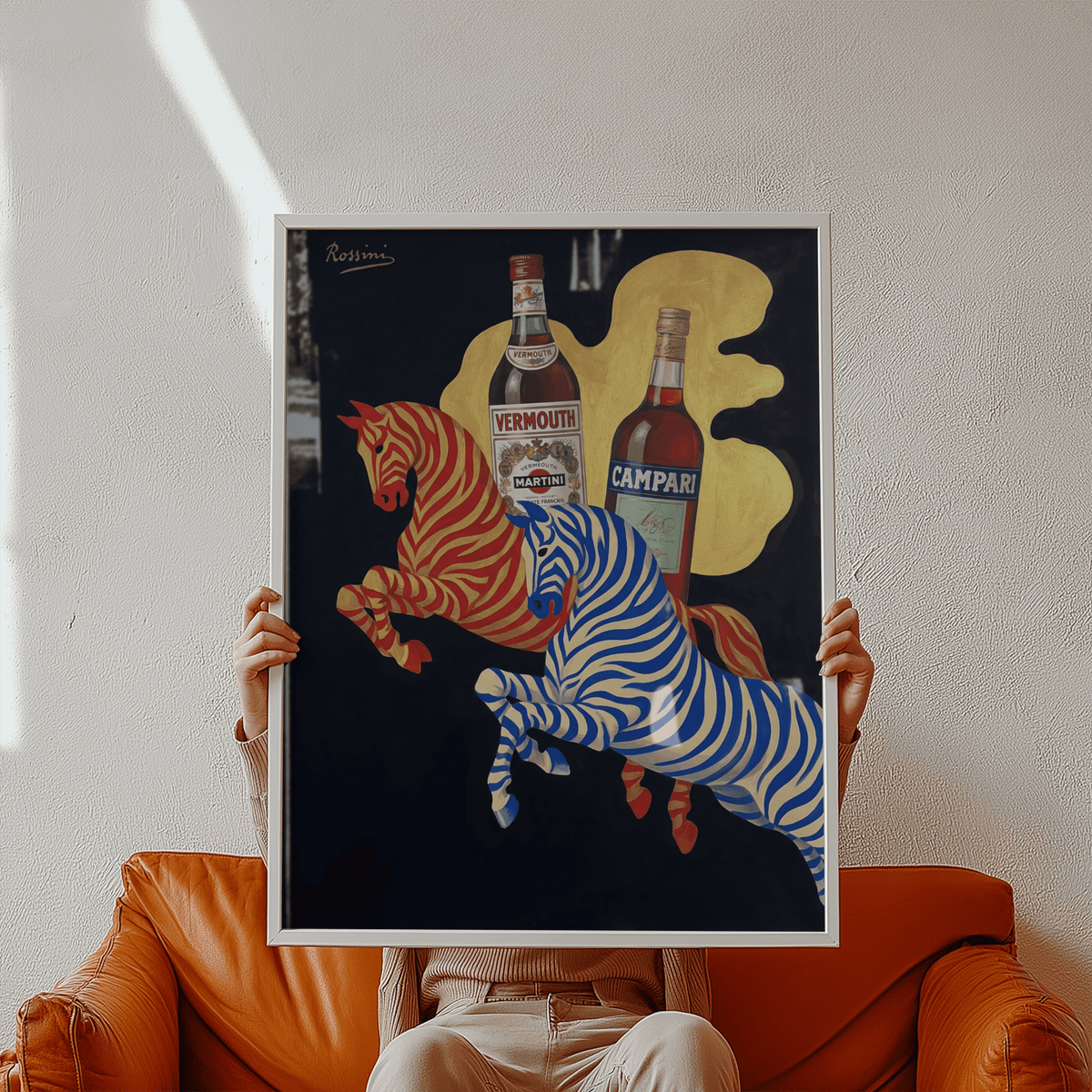 Vintage Beverage Art wall art with bold red, blue, and beige design for dining room
