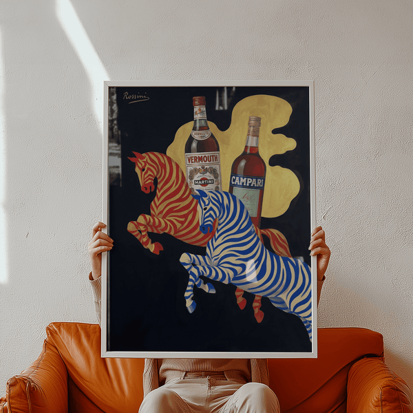 Vintage Beverage Art wall art with bold red, blue, and beige design for dining room