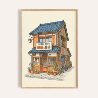 Japanese Coffee Shop Art with orange and blue for living room poster