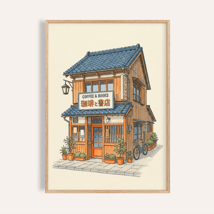 Japanese Coffee Shop Art with orange and blue for living room poster