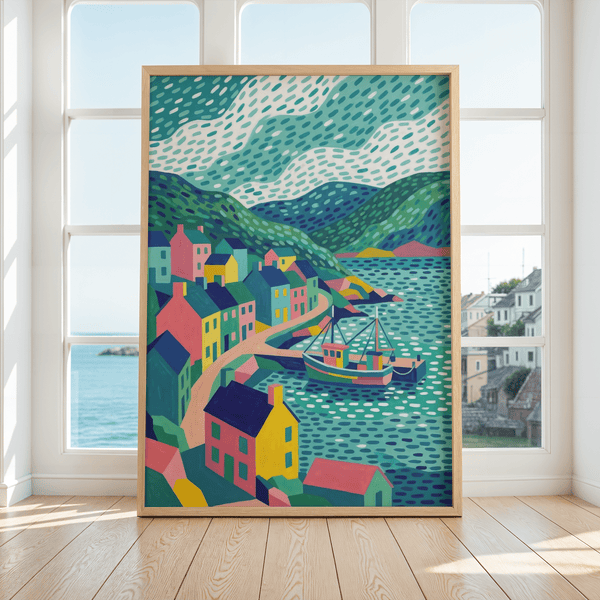 Colorful Coastal Art Print with vibrant Pink and Blue for kitchen wall art.