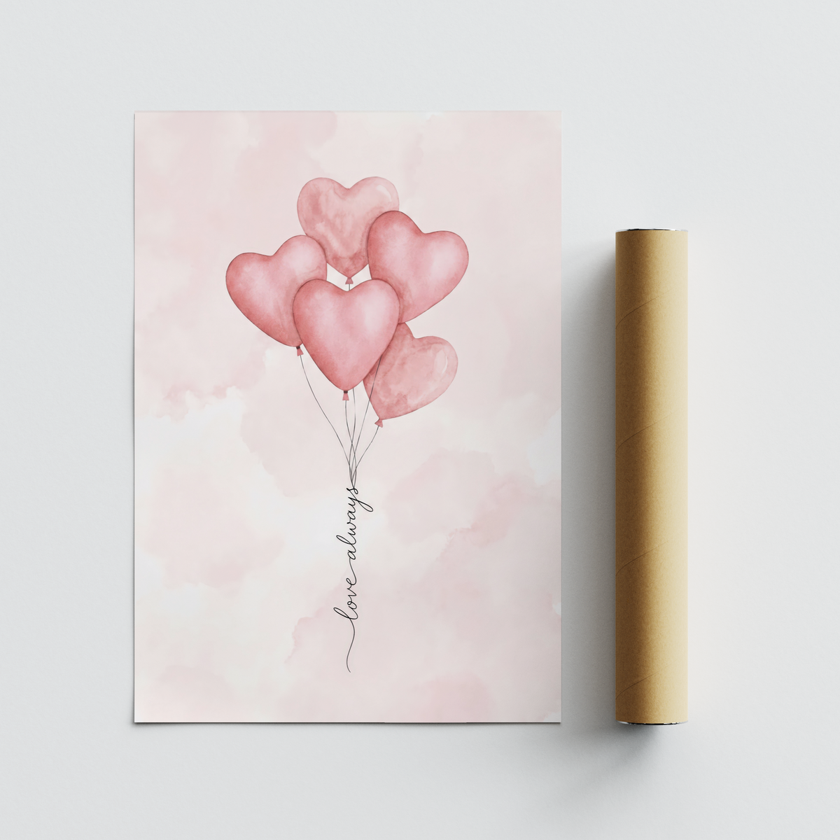 Airy minimalist wall art print of heart balloons with vertical handwritten text