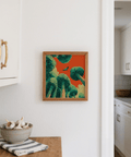 Green and Red Bird in Flight Wall Art for entryway art print