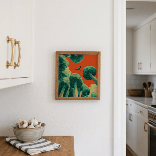 Green and Red Bird in Flight Wall Art for entryway art print