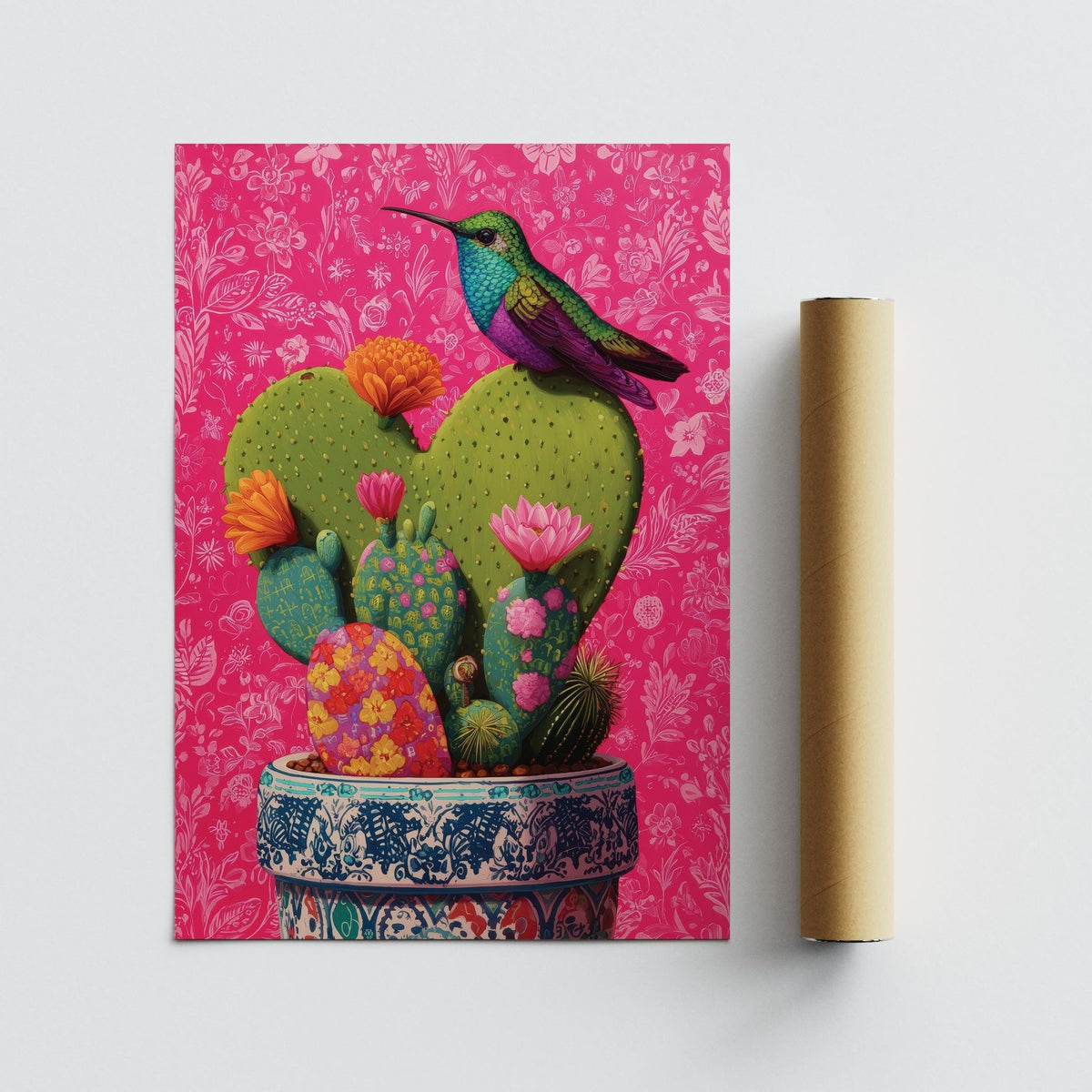 Corazon de nopal artwork with multicolored cactus and bright pink background.