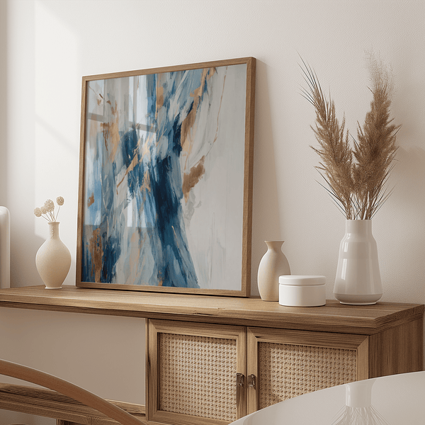 Abstract Blue Wall Art design with blue and gold for hallway poster