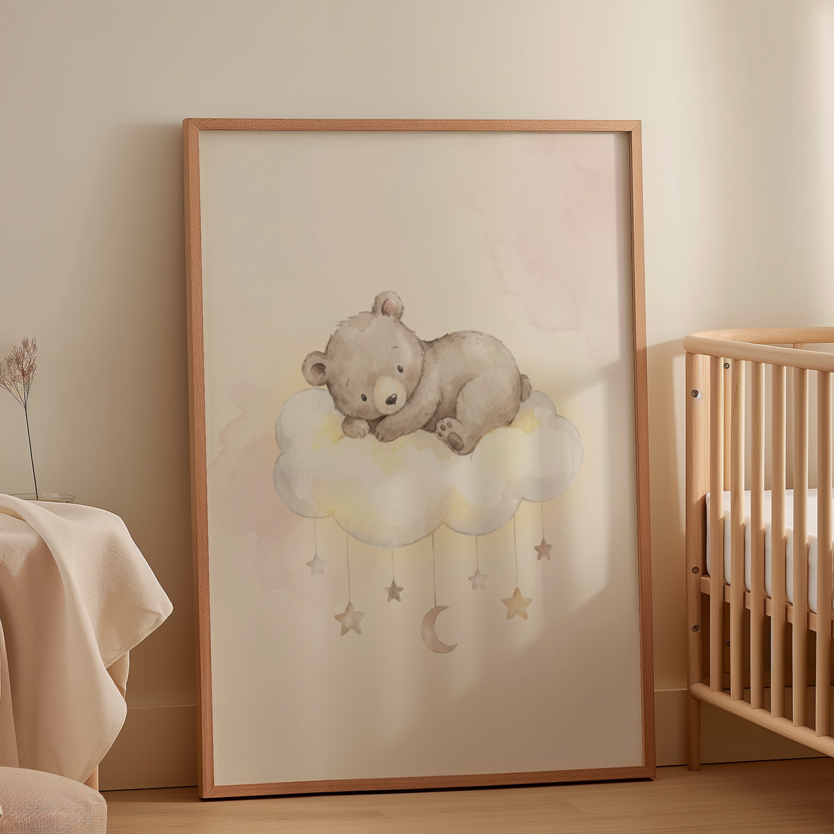 Dreamy nursery poster with cloud, stars, and crescent moon under a resting bear