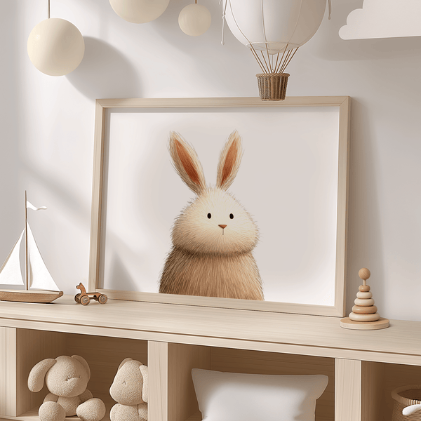 Cute Rabbit Wall Art, a whimsical wall art print for children’s bedroom in Beige and White