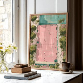 Close-up Tennis Court Art Print with net, court markings, and shadows from above