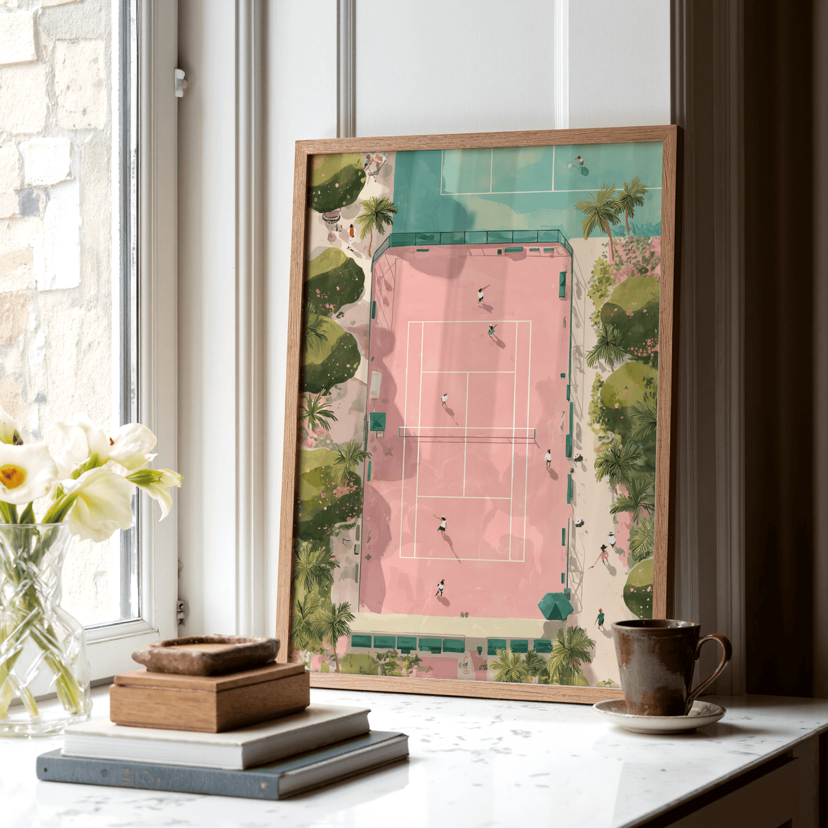 Close-up Tennis Court Art Print with net, court markings, and shadows from above