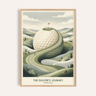 Golfing Landscape Poster showing giant golf ball hill and winding fairway path
