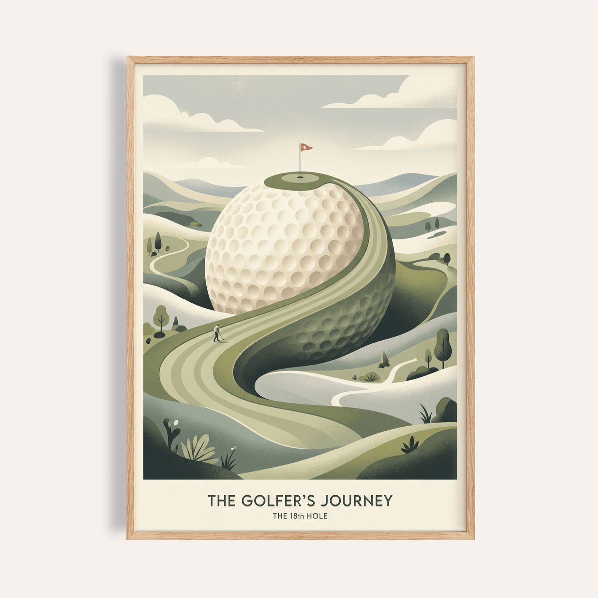 Golfing Landscape Poster showing giant golf ball hill and winding fairway path