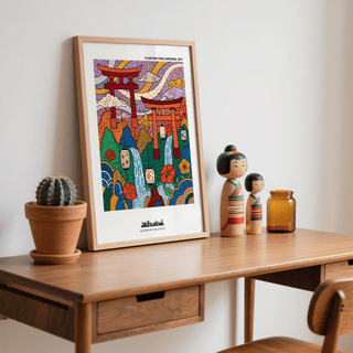 Text-topped art poster reading "FLOATING TORII GARDENS, 1977" above torii scene