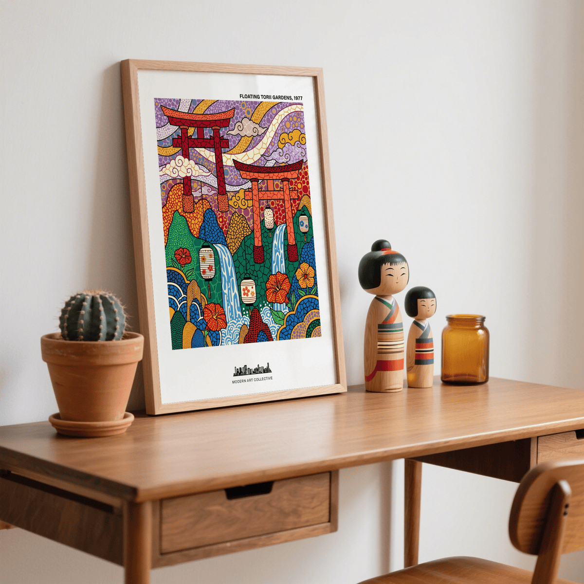 Text-topped art poster reading "FLOATING TORII GARDENS, 1977" above torii scene